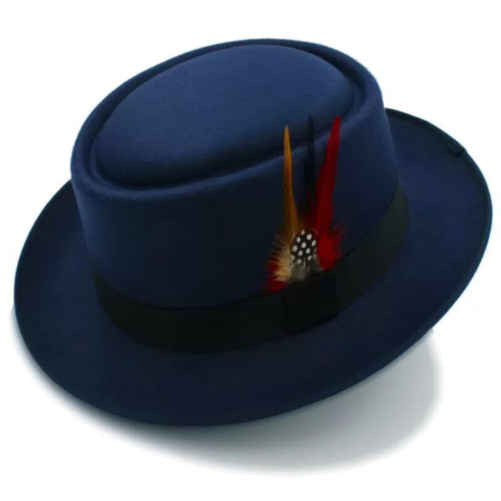 6723 Classic Pork Pie Hat with Feathers Flat Top Fedora, Vintage Panama